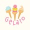 Gelato logo with lettering. Cute Italian frozen fruit dessert set in cones.