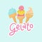 Gelato logo with lettering. Cute Italian frozen fruit dessert set in cones.