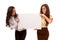 Gemini sisters hold a poster on a white background