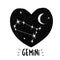 Gemini Symbol. Hand Drawn Zodiac Vector Illustration. Infantile Graphic. Black Heart.