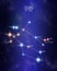 Gemini the twins zodiac constellation map on a starry space background with the names of its main stars. Stars relative sizes and