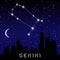 Gemini zodiac constellations sign on beautiful starry sky with galaxy and space behind. Gemini horoscope symbol constellation on d