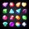 Gems. Cartoon jewelry stones for game achievement and currency, icon set of colored shiny crystals. Vector game jewels
