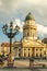 Gendarmenmarkt, German Cathedral in evening light at sunset with clouds