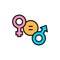 Gender equality, female and male symbol flat color line icon.