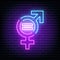 Gender equality sign. Neon light style on brick wall background. Equity parity sign men and women.  Rights gender equality symbol.