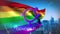 Gender fluid text and symbol on rainbow flag and cityscape background