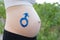 Gender male symbol drawn on a pregnant female belly. Pregnant concept. Close-up