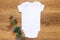 Gender neutral blank white babygrow on a wam wooden background