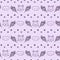 Gender neutral sleepy cartoon cat seamless raster background. Simple whimsical 2 tone pattern. Kids purple nursery