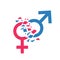 Gender norms concept. Gender symbols breaking in pieces