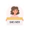 Gender pronouns - woman holding sign with pronoun, female character. Vector illustration in flat style