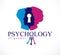 Gender psychology concept created with man and woman heads profiles and keyhole with key of understanding, vector logo or