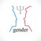 Gender psychology concept created with man and woman heads profiles, vector logo or symbol of relationship problems and conflicts