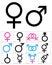 Gender Symbols, linear black, blue and pink colour icons of gender symbols. Male, female and transgender symbols