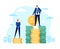 Gender wage gap. Businessman and businesswoman standing on money stack. Unequal pay, financial discrimination, income