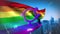 Genderfluid symbol on rainbow flag and cityscape background