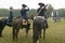 General George Washington and staff prepare to salute column of Continental Patriot troops at Surrender Field at the 225th