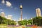 General landscape view of Sydney Tower and Hyde Park, the oldest public parkland in Australia located in Sydney New South Wales