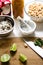 General mise en place with shrimp white beans and kitchen tools