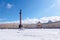 General Staff Building and Alexandrian Column with an Angel on Palace Square at frosty snow winter day in St. Petersburg, Russia