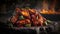 General Tsos Chicken On Stone, Blurred Background, Rustic Pub. Generative AI