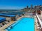 General view of the beaches with swiming pool on a sunny day. Mar del Plata