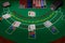 General view of a blackjack table with cards and chips. 3d illustration