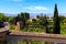 General view of The Generalife courtyard, with its famous fountain and garden. Alhambra de Granada complex, Spain