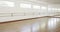 General view of gym with wooden floor, horizontal wall bars and mirror, slow motion