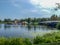 General view on Jeziorak lake, bridge and Marina Hotel in IÅ‚awa in Poland