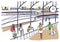 General view of railway platform with trains and passengers. Horizontal colorful hand drawn vector sketch illustration.