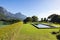 General view of tranquil swimming pool with stunning mountains countryside