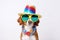 Generate AI. Cute dog at a birthday party wearing party hat and glasses. Happy Birthday party concept. Funny cute dog collie weari