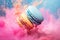 Generate AI. Multicolored French macarons in a color explosion on light background. Pink powder splash. Blue background. Sweets fo
