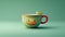 Generate an awe-inspiring portrayal of a tea cup adorned with a Miki cartoon against a seamless solid background. Attain