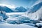 Generate an enchanting winter landscape in HD, depicting a frozen river