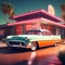 generate an image of a vintage car parked in front of a retro motel with neon lights and mid-century