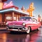 generate an image of a vintage car parked in front of a retro motel with neon lights and mid-century
