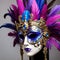 generate an imaginative rendering of a masquerade mask adorned with cascading blue and purple feather