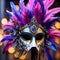 generate an imaginative rendering of a masquerade mask adorned with cascading blue and purple feather