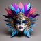 generate an imaginative rendering of a masquerade mask adorned with cascading blue and purple feather