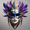 generate an imaginative rendering of a masquerade mask adorned with cascading blue and purple feather