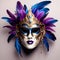 generate an imaginative rendering of a masquerade mask adorned with cascading blue and purple feather
