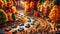 Generate a miniature car rally in a scenic forest setting with vibrant autumn colors