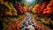 Generate a miniature car rally in a scenic forest setting with vibrant autumn colors