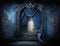 Generated Ai blue curtain and window backdrop with antique ornate wall sconces