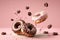 Generated AI,Flying glazed donuts isolated over pink background