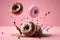 Generated AI,Flying glazed donuts isolated over pink background