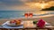 Generated imageSummer love. Romantic sunset dinner on the beach. Table honeymoon set for two with luxurious food